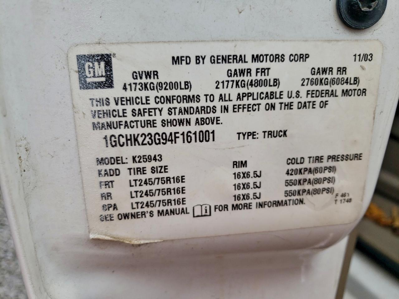 2004 Chevrolet Silverado K2500 Heavy Duty VIN: 1GCHK23G94F161001 Lot: 93087645