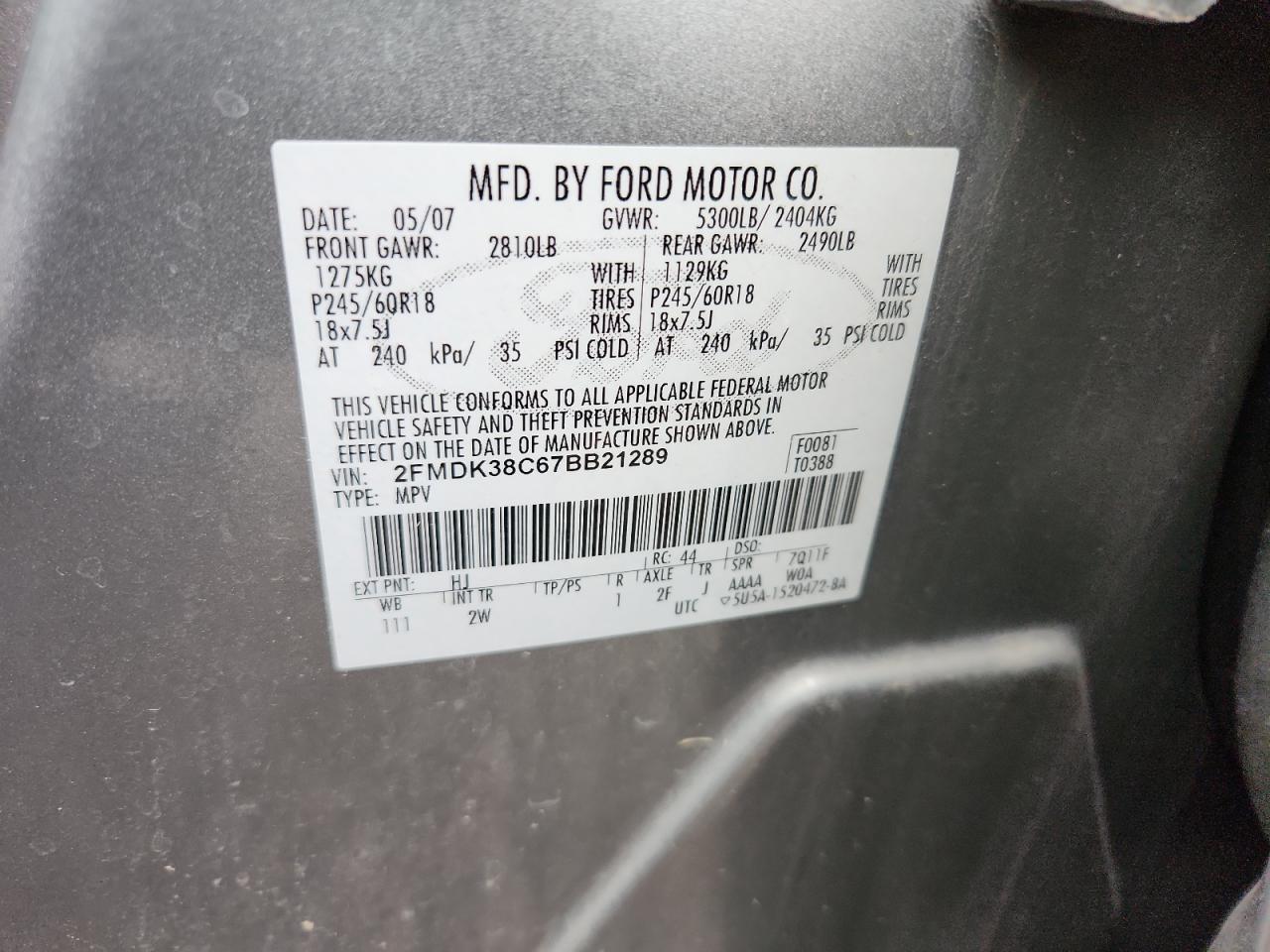 2007 Ford Edge Sel VIN: 2FMDK38C67BB21289 Lot: 93249095