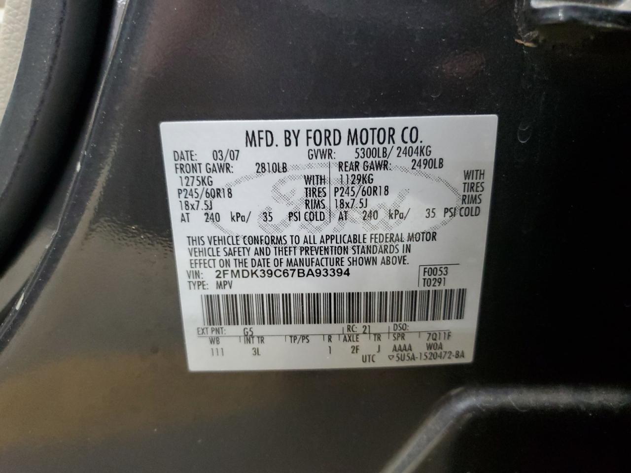 2007 Ford Edge Sel Plus VIN: 2FMDK39C67BA93394 Lot: 92435305