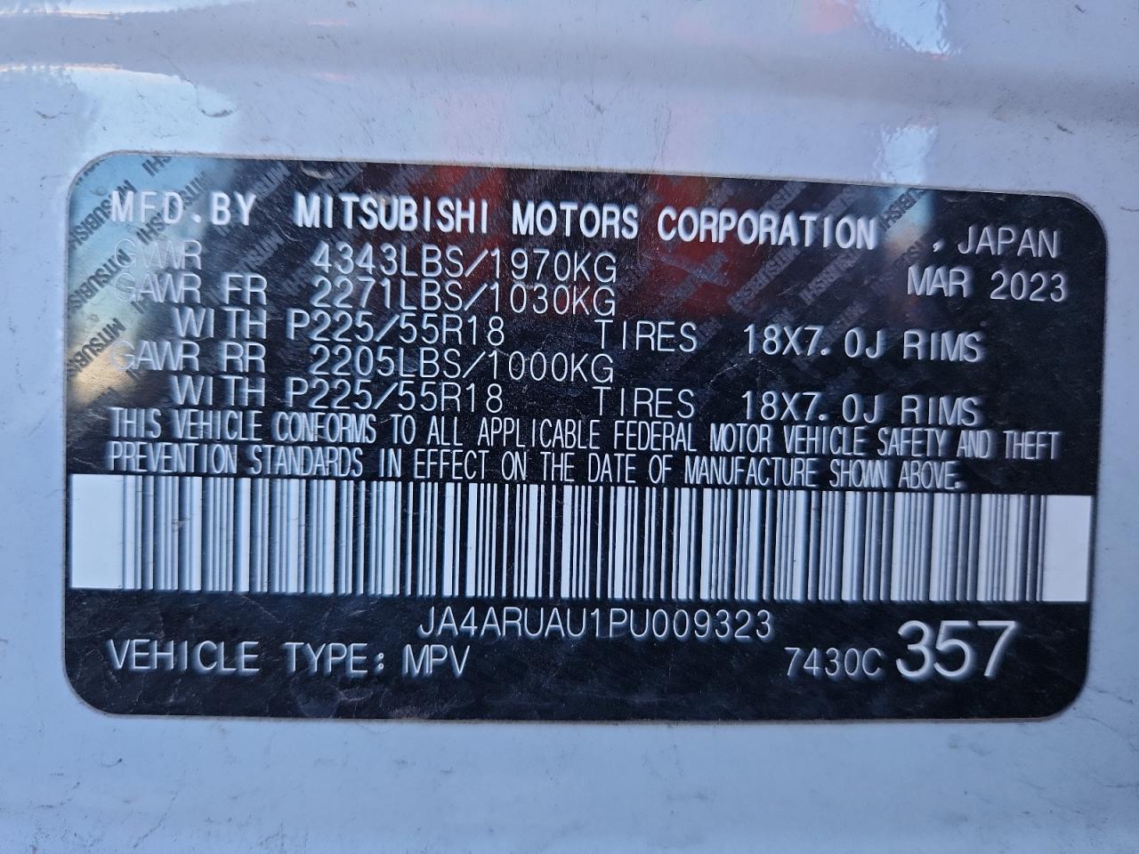 2023 Mitsubishi Outlander Sport S/Se VIN: JA4ARUAU1PU009323 Lot: 91660295