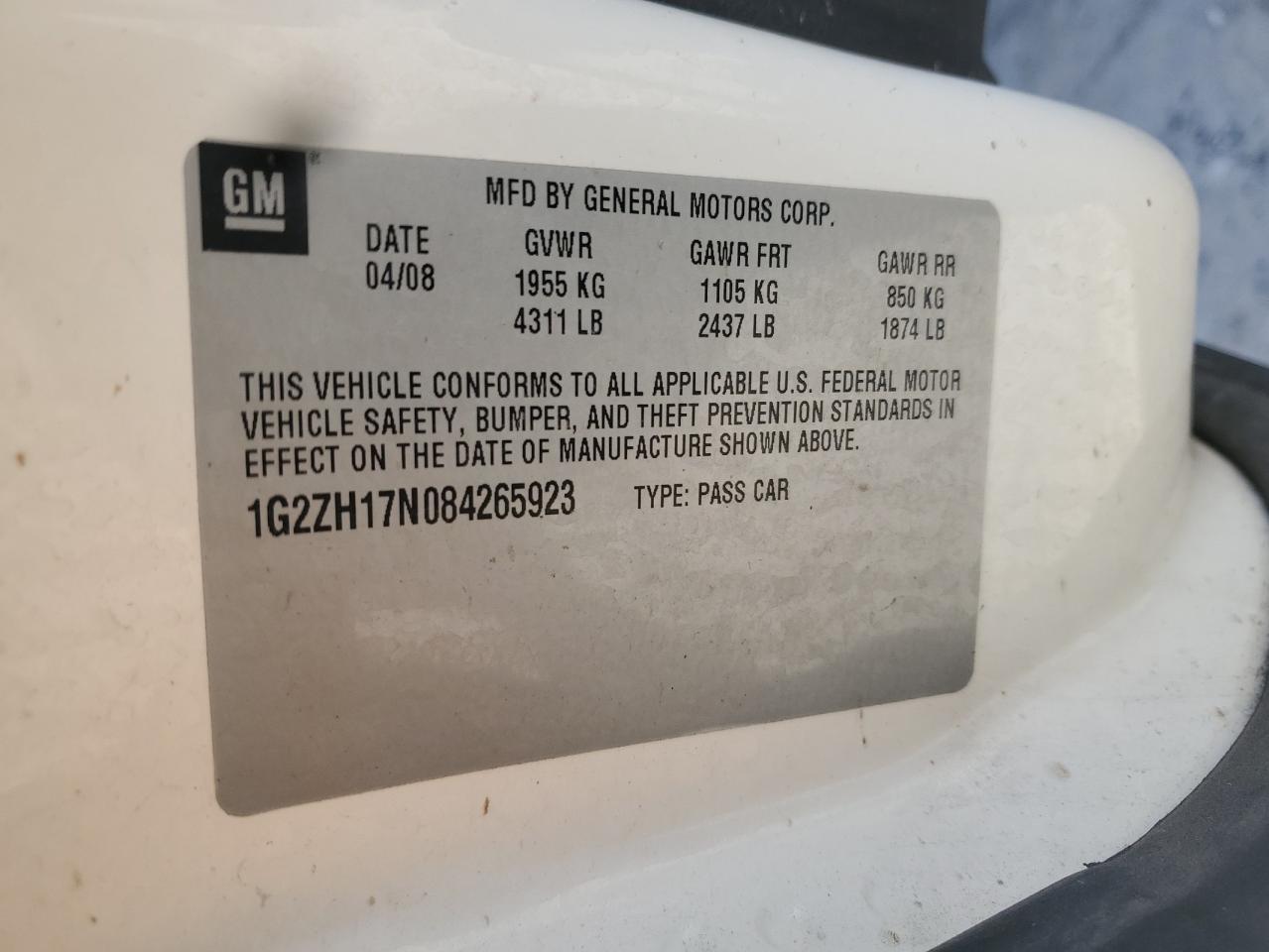 2008 Pontiac G6 Gt VIN: 1G2ZH17N084265923 Lot: 93060815