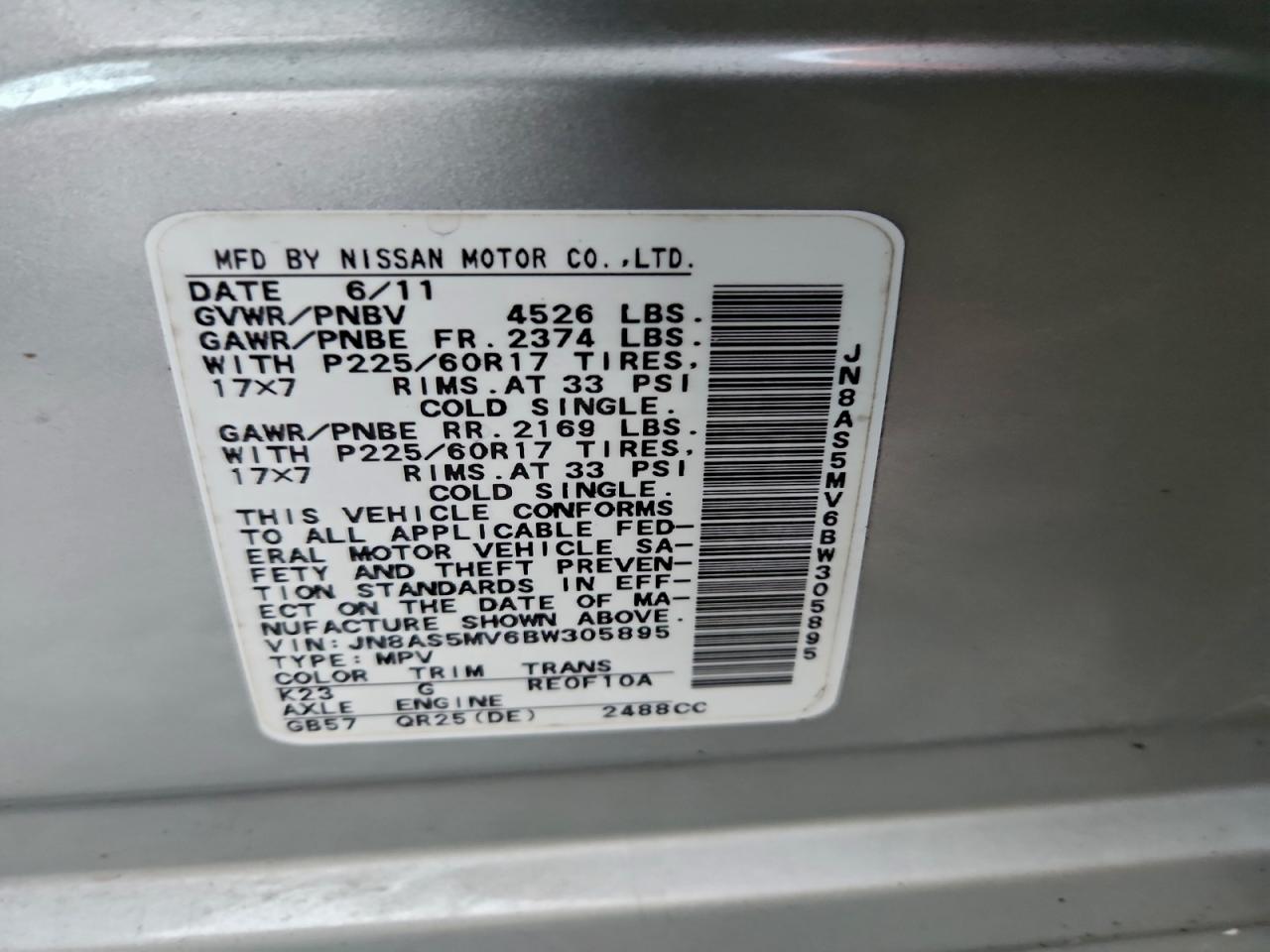 2011 Nissan Rogue S VIN: JN8AS5MV6BW305895 Lot: 93836045