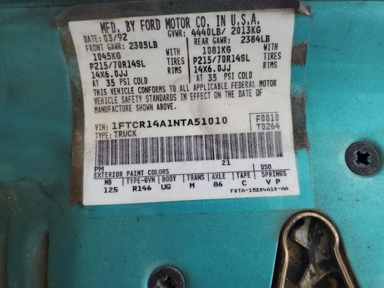 1992 Ford Ranger Super Cab VIN: 1FTCR14A1NTA51010 Lot: 91564235