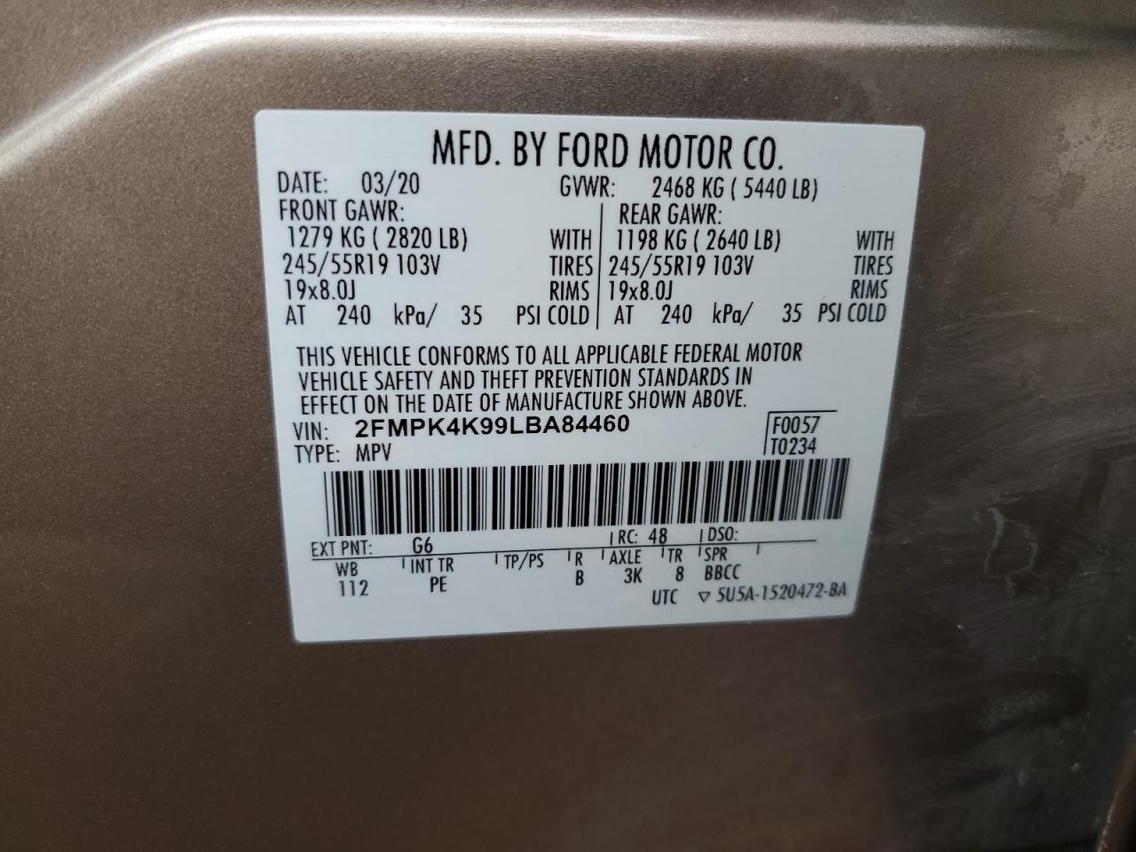 2020 Ford Edge Titanium VIN: 2FMPK4K99LBA84460 Lot: 93225235