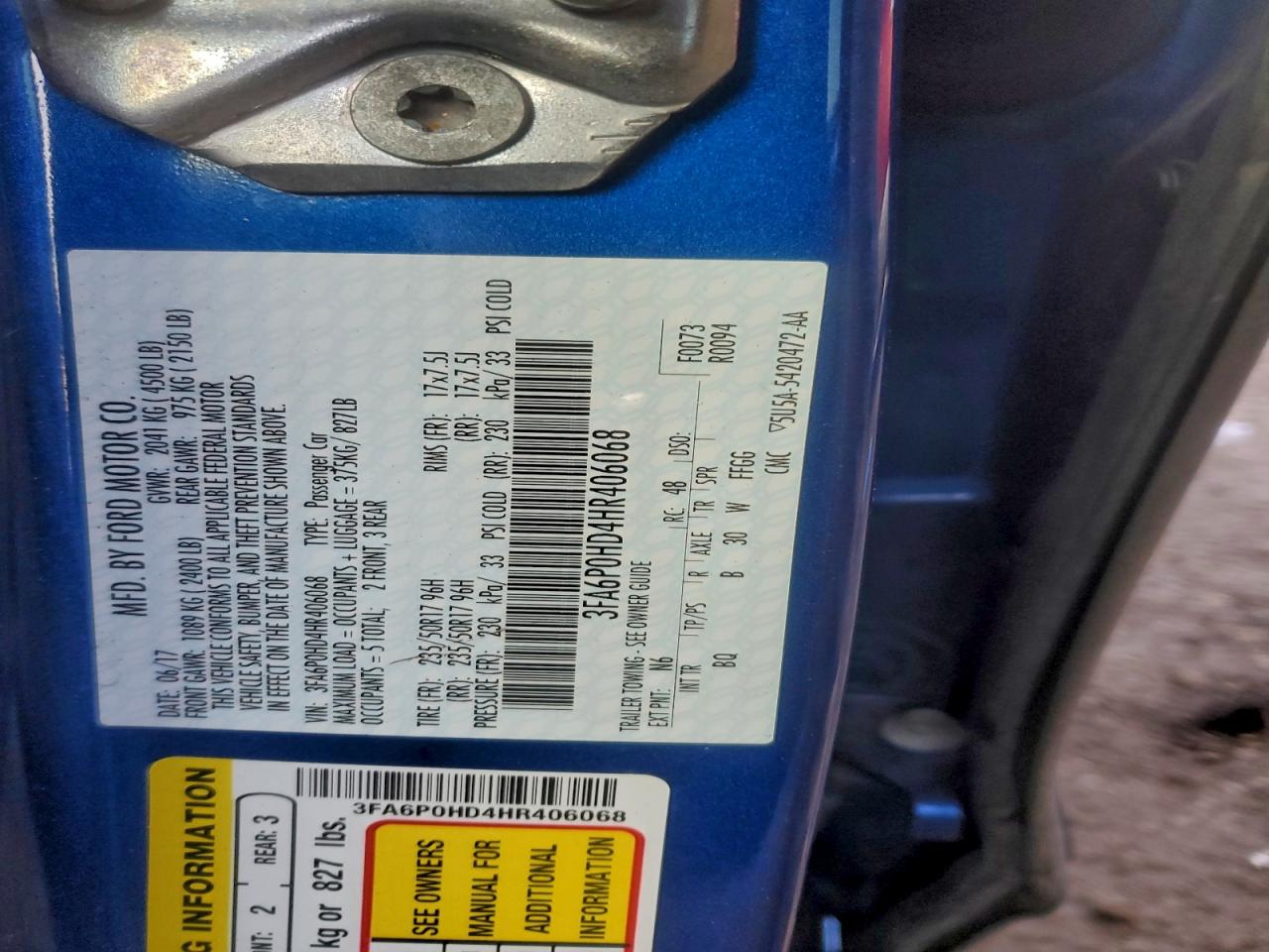 2017 Ford Fusion Se VIN: 3FA6P0HD4HR406068 Lot: 93325685