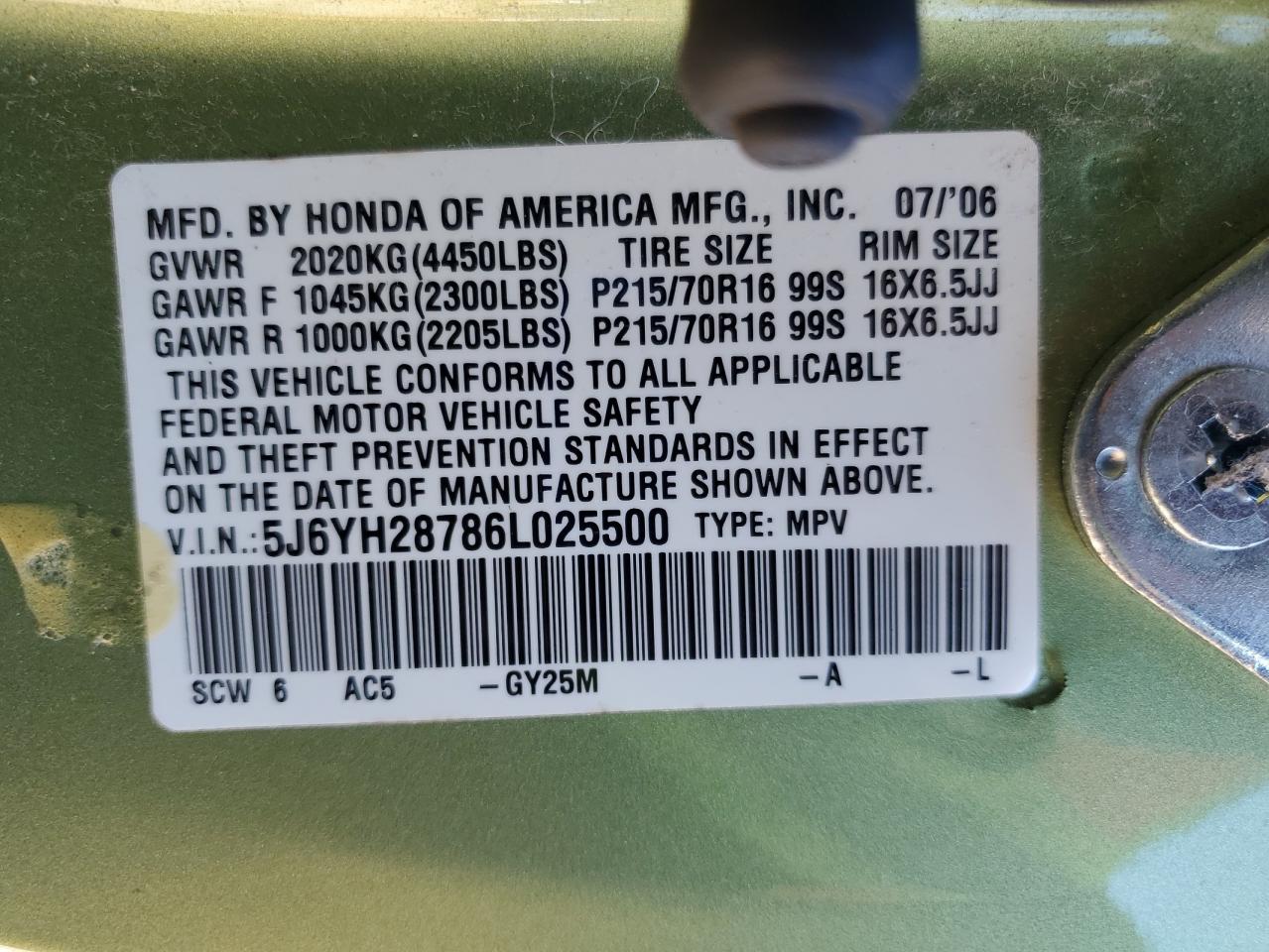 2006 Honda Element Ex VIN: 5J6YH28786L025500 Lot: 90985305