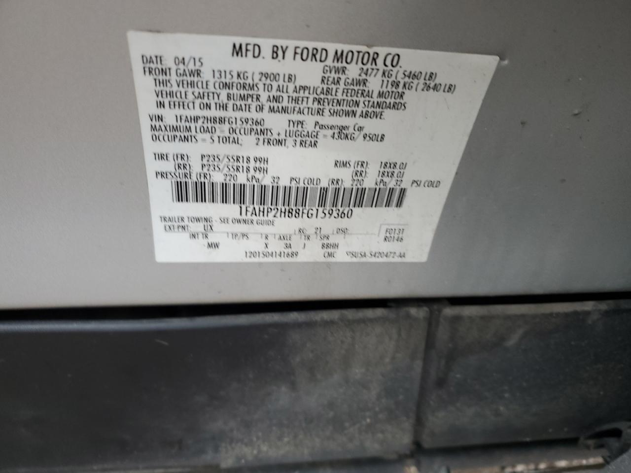 2015 Ford Taurus Sel VIN: 1FAHP2H88FG159360 Lot: 92870235