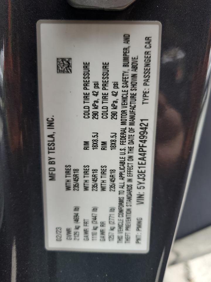 2023 Tesla Model 3 VIN: 5YJ3E1EA4PF499421 Lot: 91024255