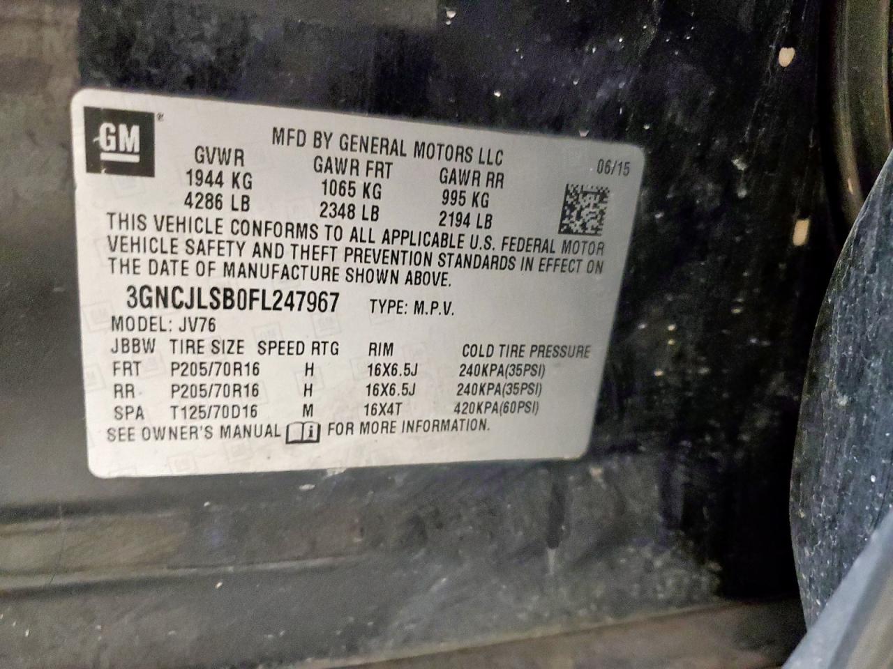 2015 Chevrolet Trax 1Lt VIN: 3GNCJLSB0FL247967 Lot: 91856025