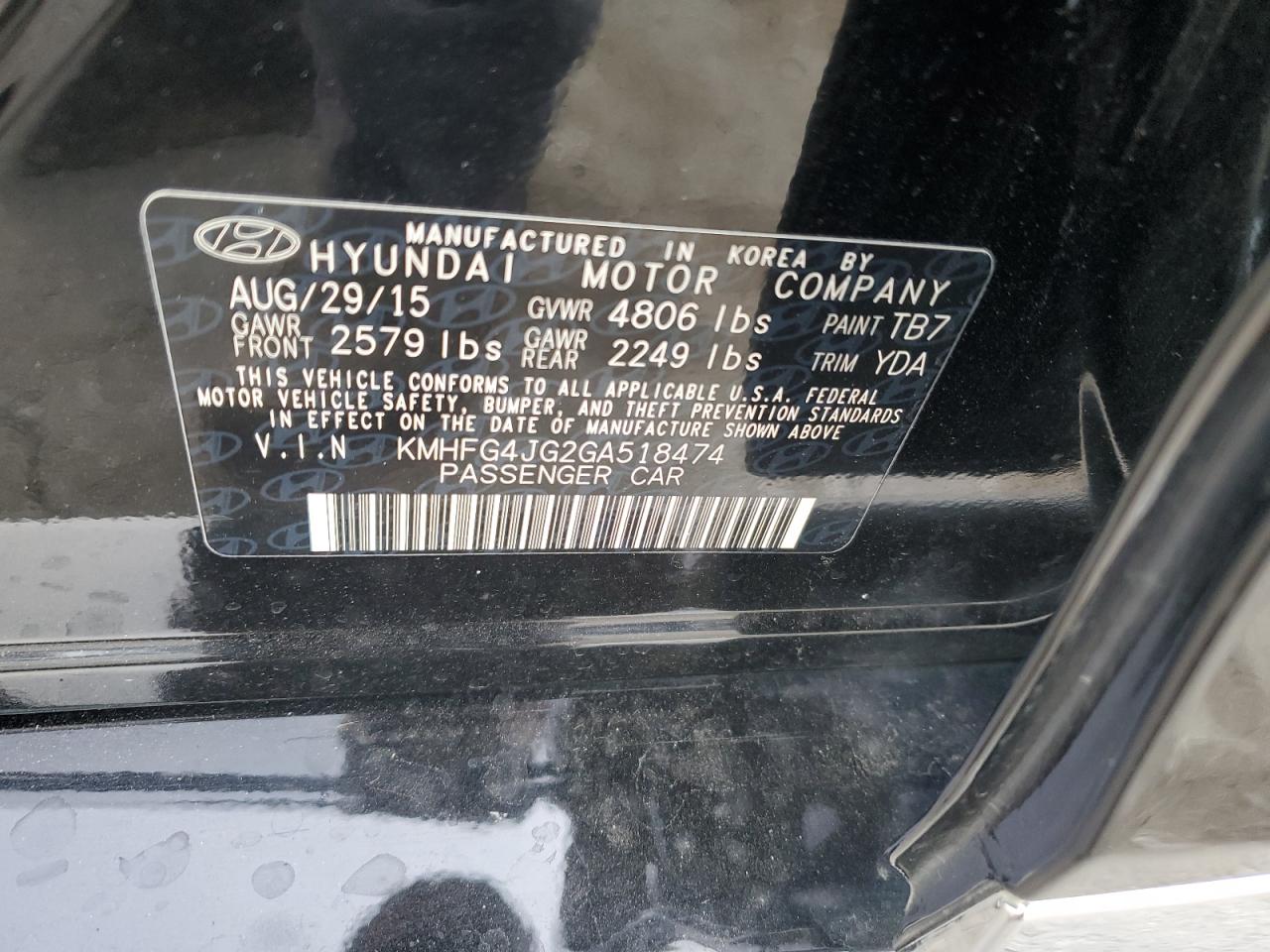 2016 Hyundai Azera VIN: KMHFG4JG2GA518474 Lot: 93383935