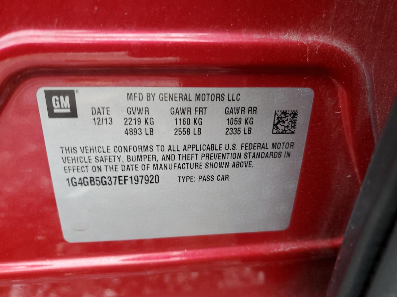 2014 Buick Lacrosse VIN: 1G4GB5G37EF197920 Lot: 93521425