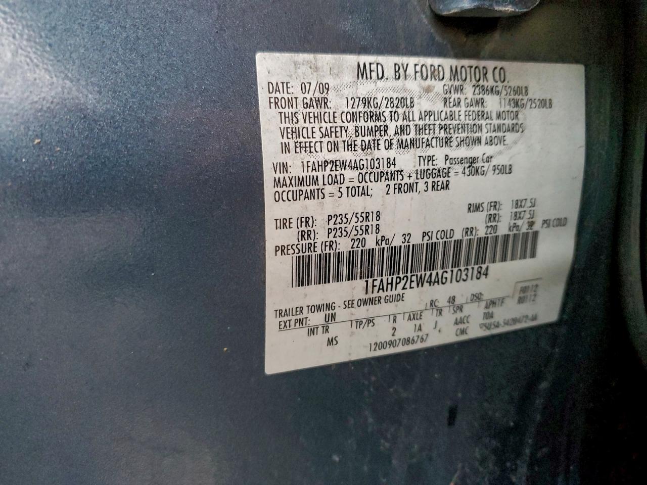 2010 Ford Taurus Sel VIN: 1FAHP2EW4AG103184 Lot: 94244895