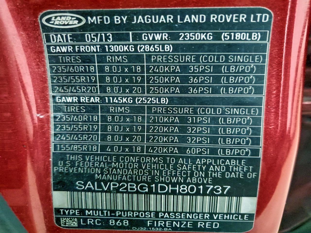 2013 Land Rover Range Rover Evoque Pure Plus VIN: SALVP2BG1DH801737 Lot: 92370575