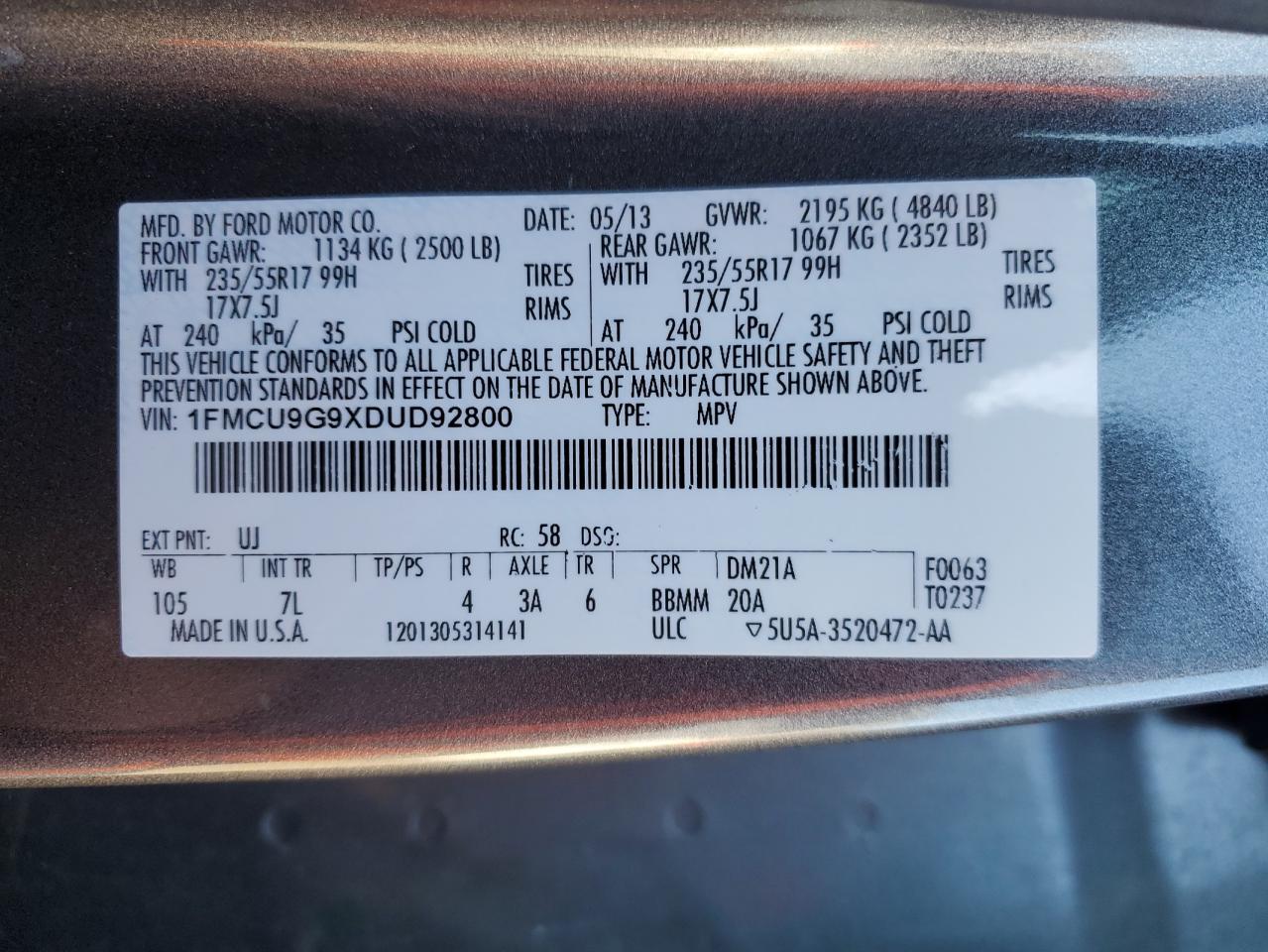 2013 Ford Escape Se VIN: 1FMCU9G9XDUD92800 Lot: 91038345