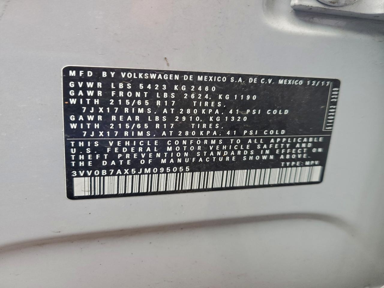 2018 Volkswagen Tiguan S VIN: 3VV0B7AX5JM095055 Lot: 94188675