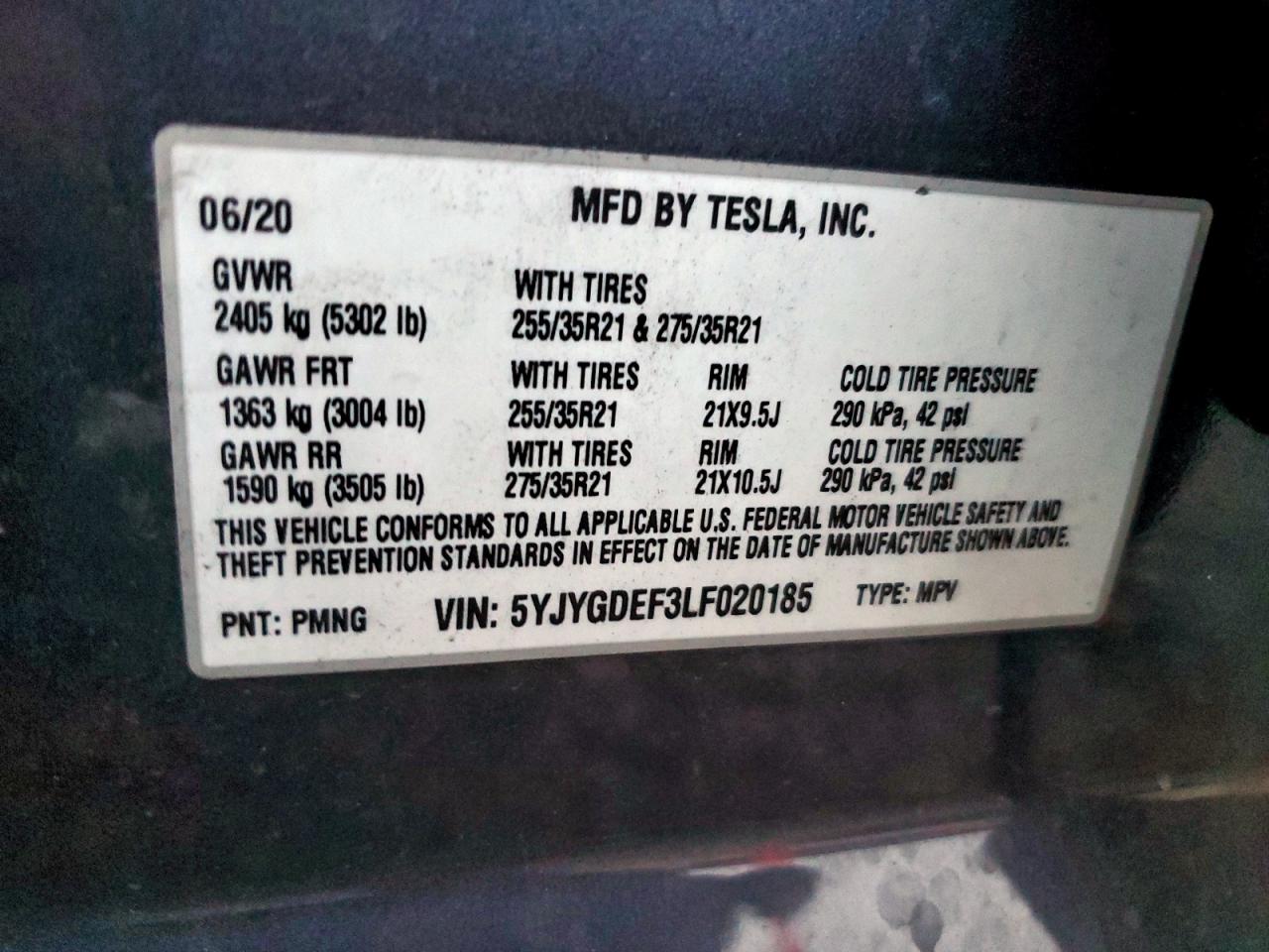 2020 Tesla Model Y VIN: 5YJYGDEF3LF020185 Lot: 93786955