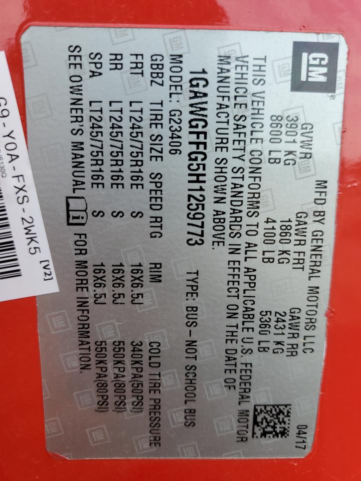 2017 Chevrolet Express G2500 Lt VIN: 1GAWGFFG5H1259773 Lot: 91213855