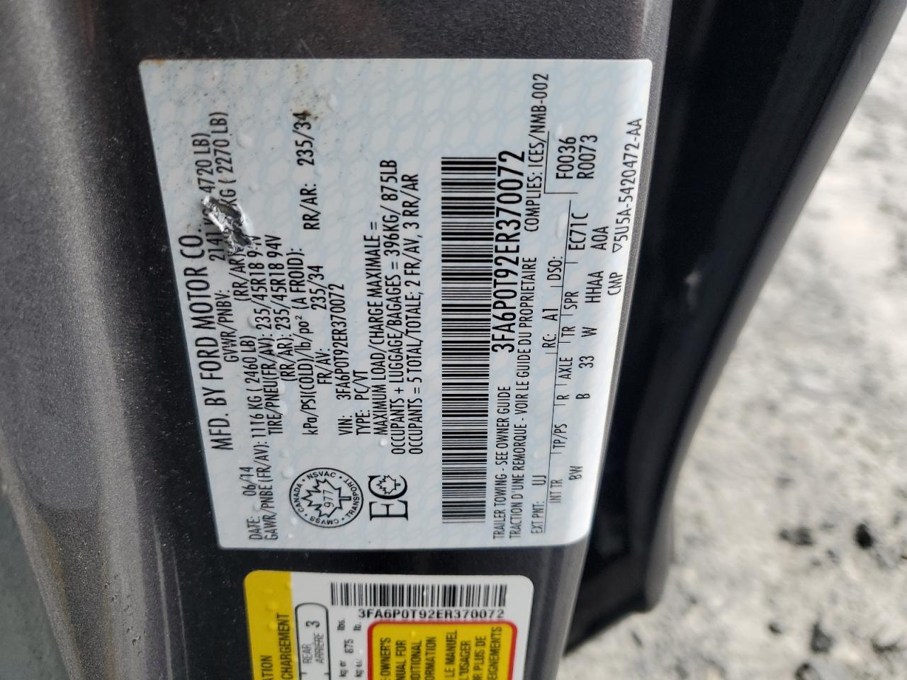 2014 Ford Fusion Se VIN: 3FA6P0T92ER370072 Lot: 93058035