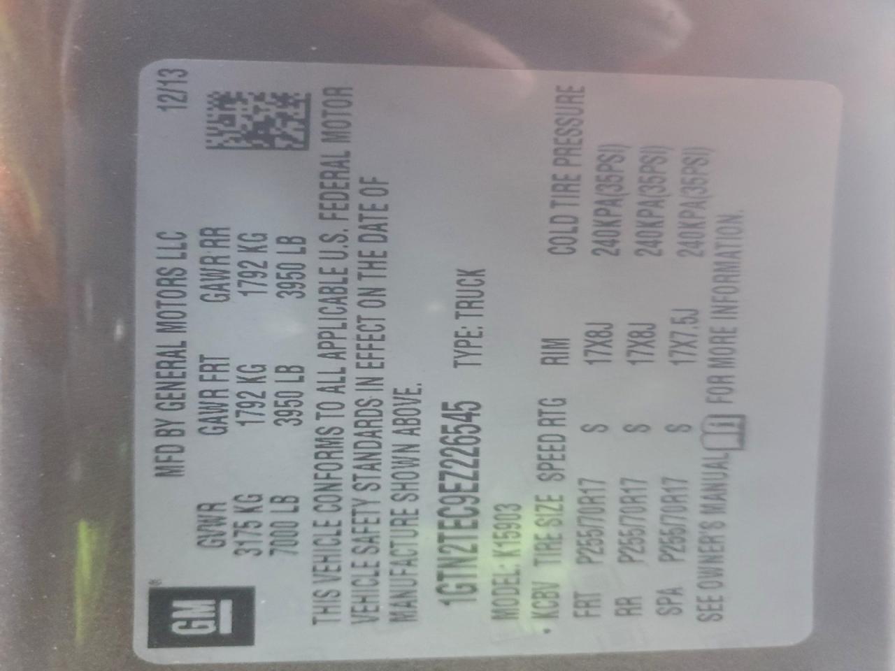 2014 GMC Sierra K1500 VIN: 1GTN2TEC9EZ226545 Lot: 94103485