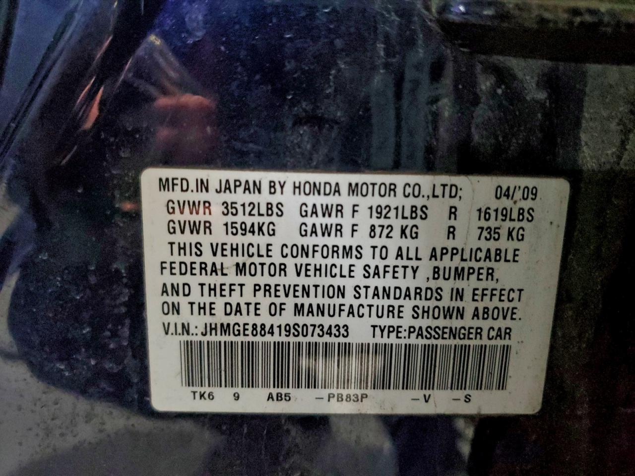 2009 Honda Fit Sport VIN: JHMGE88419S073433 Lot: 93923135