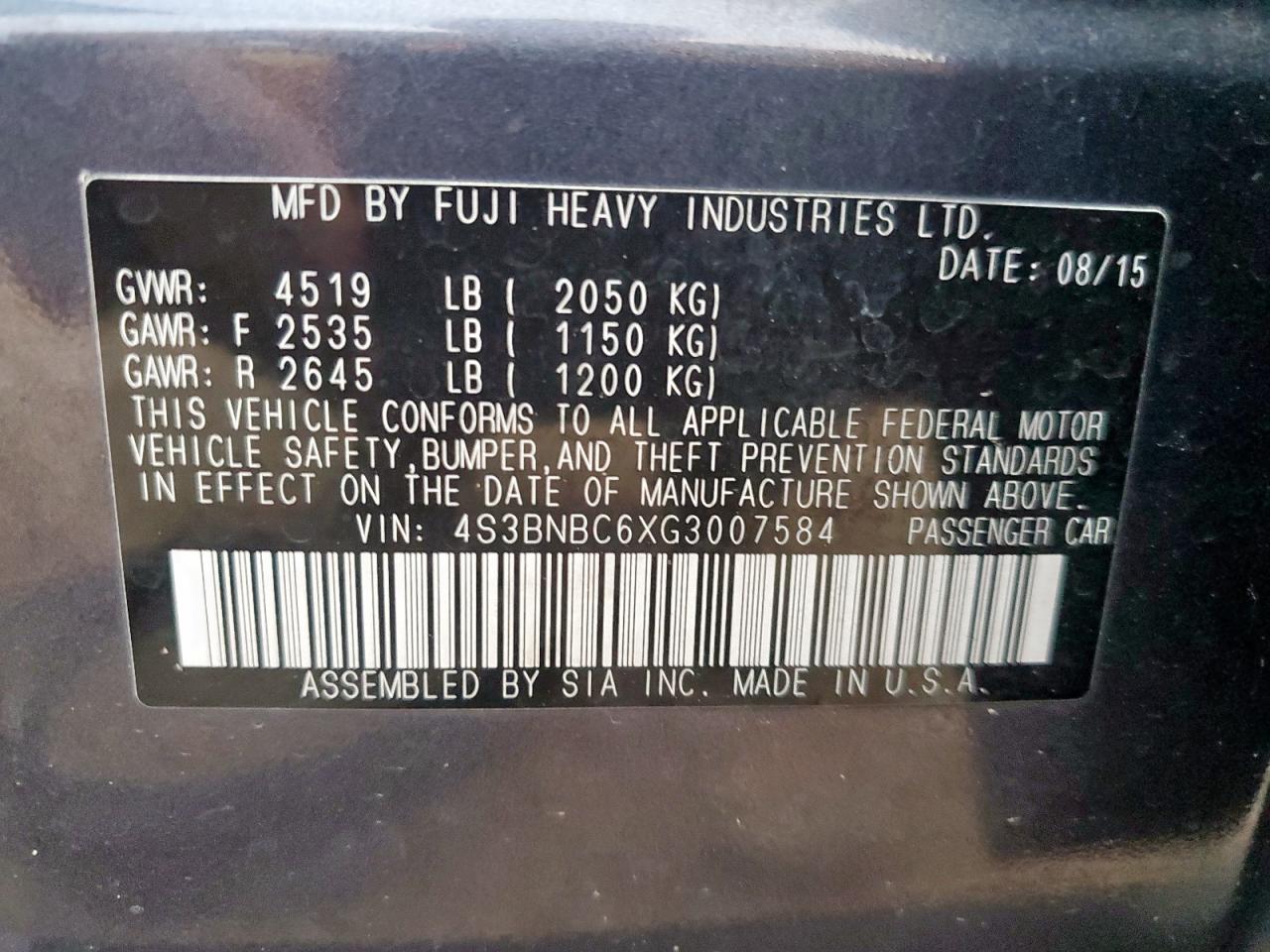 2016 Subaru Legacy 2.5I Premium VIN: 4S3BNBC6XG3007584 Lot: 93509845