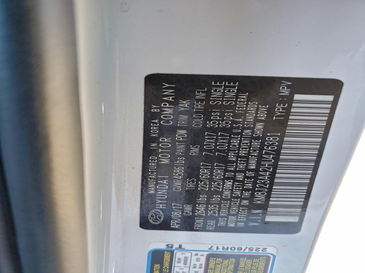 2017 Hyundai Tucson Se VIN: KM8J23A42HU476381 Lot: 92833845