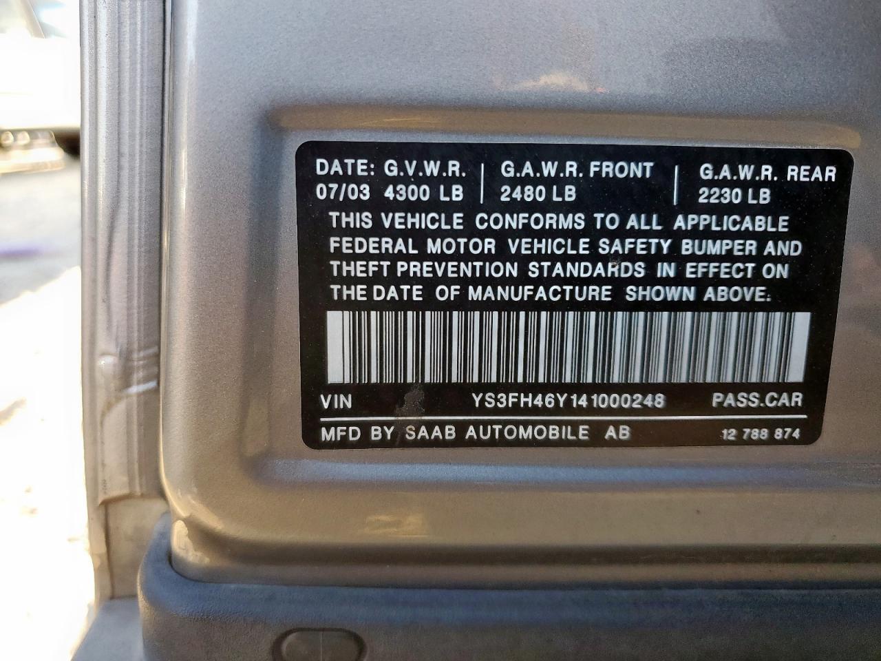 2004 Saab 9-3 Aero VIN: YS3FH46Y141000248 Lot: 93012585