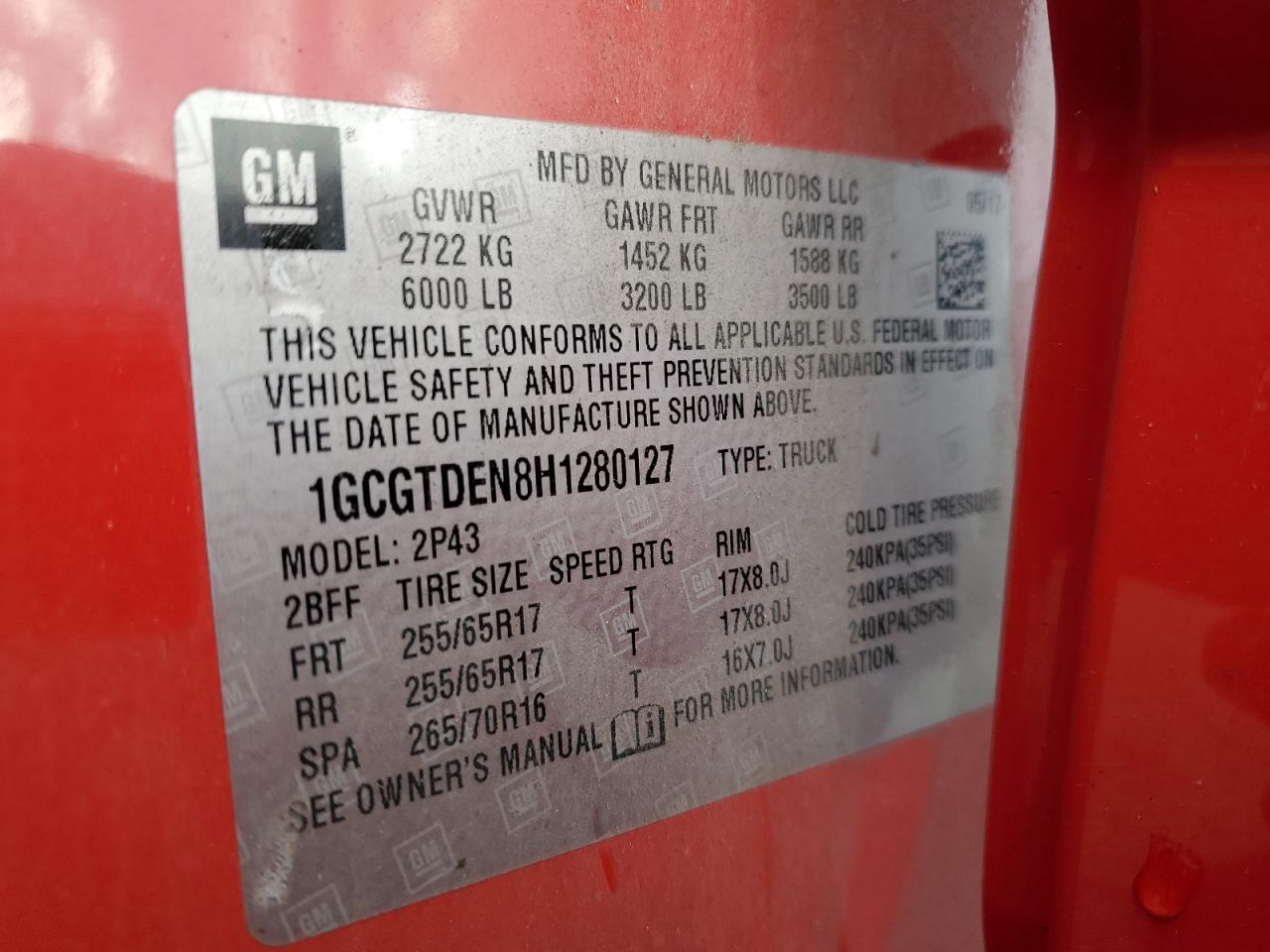 2017 Chevrolet Colorado Z71 VIN: 1GCGTDEN8H1280127 Lot: 93606875