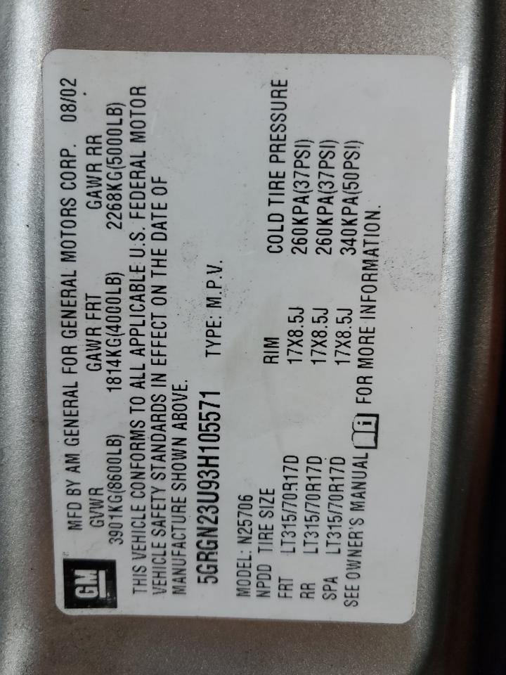 2003 Hummer H2 VIN: 5GRGN23U93H105571 Lot: 93252095