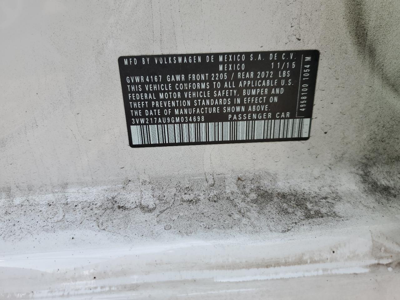 2016 Volkswagen Golf S/Se VIN: 3VW217AU9GM034698 Lot: 92042635