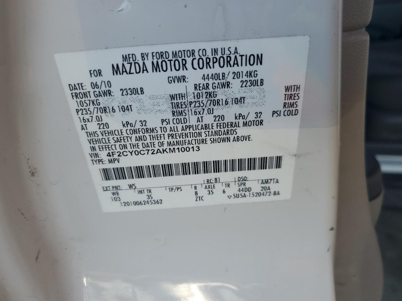 2010 Mazda Tribute I VIN: 4F2CY0C72AKM10013 Lot: 91422285