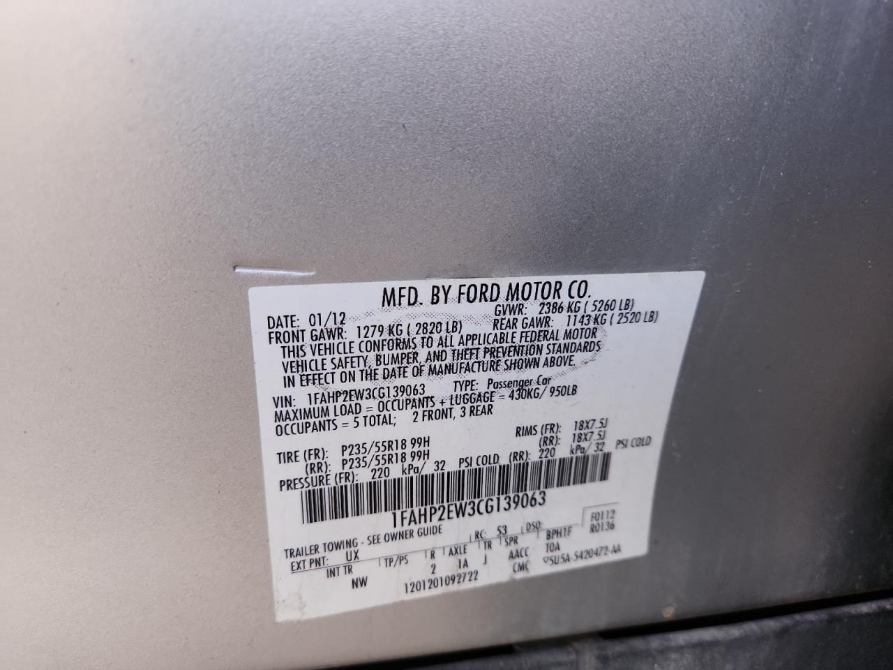 2012 Ford Taurus Sel VIN: 1FAHP2EW3CG139063 Lot: 93283615