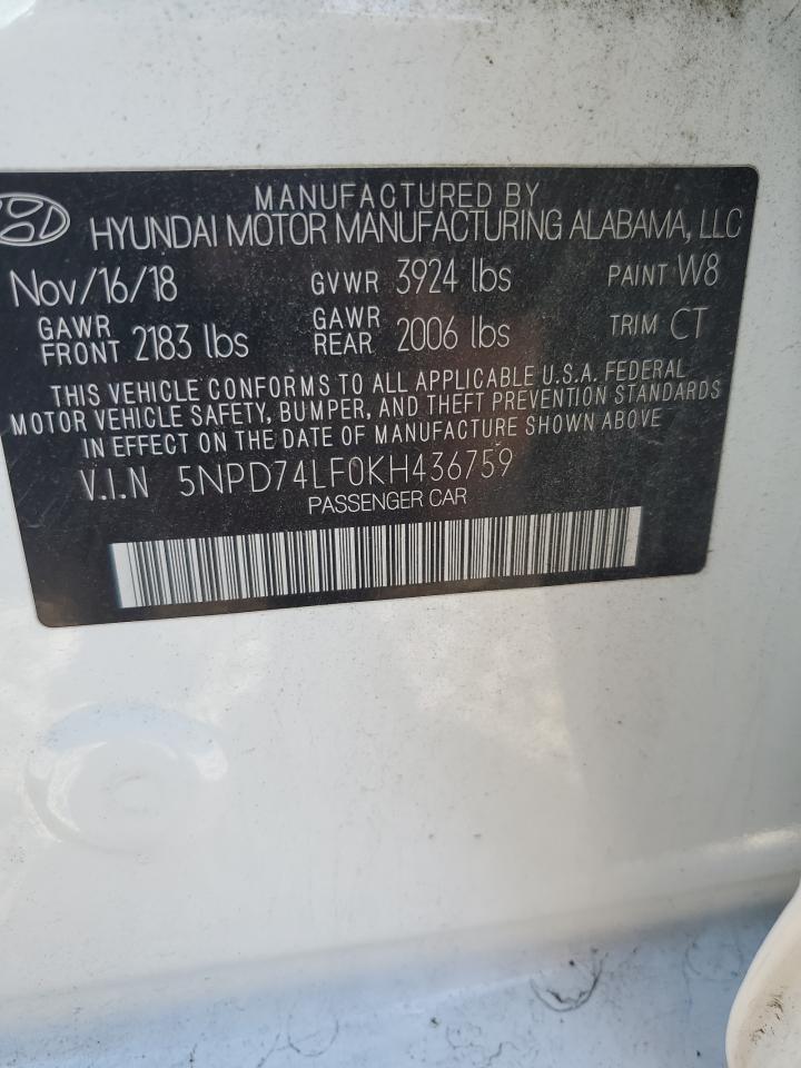 2019 Hyundai Elantra Se VIN: 5NPD74LF0KH436759 Lot: 92160365