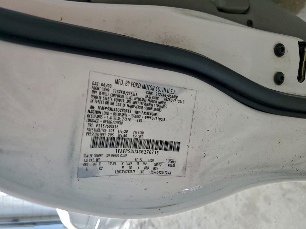 2003 Ford Taurus Se VIN: 1FAFP53U33G270715 Lot: 93653535