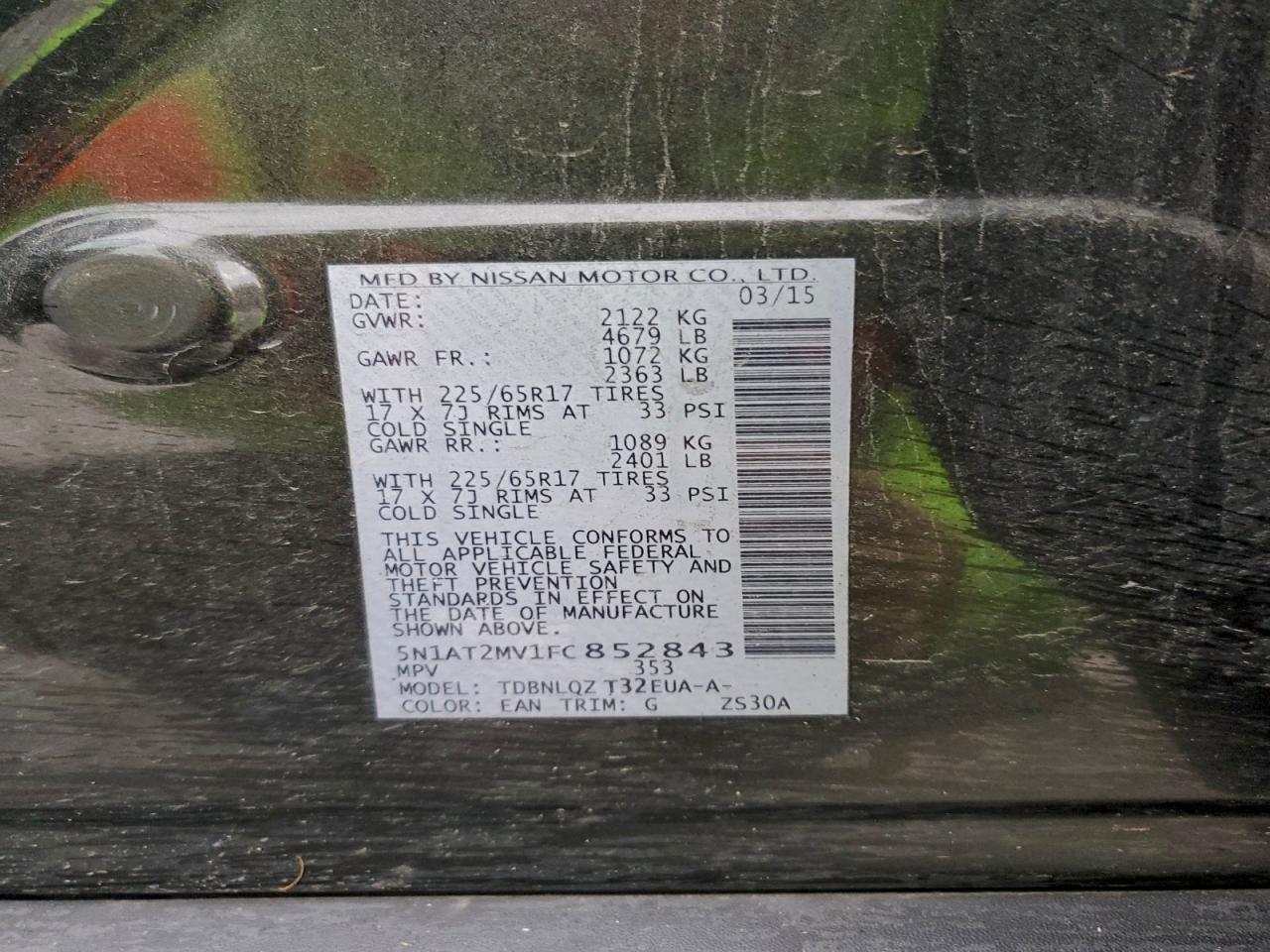 2015 Nissan Rogue S VIN: 5N1AT2MV1FC852843 Lot: 94444645