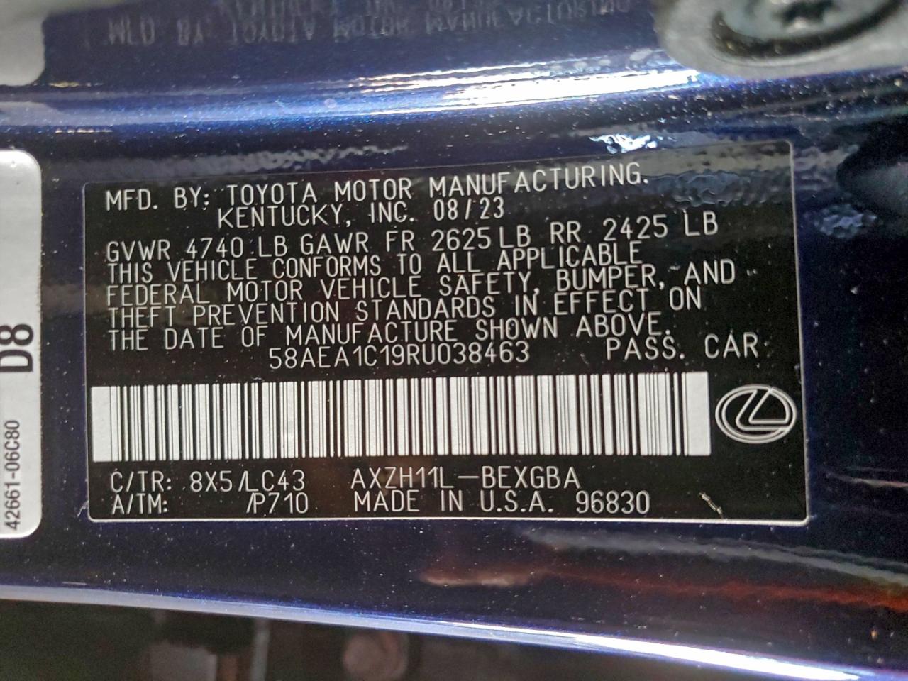 2024 Lexus Es 300H Base VIN: 58AEA1C19RU038463 Lot: 94316825