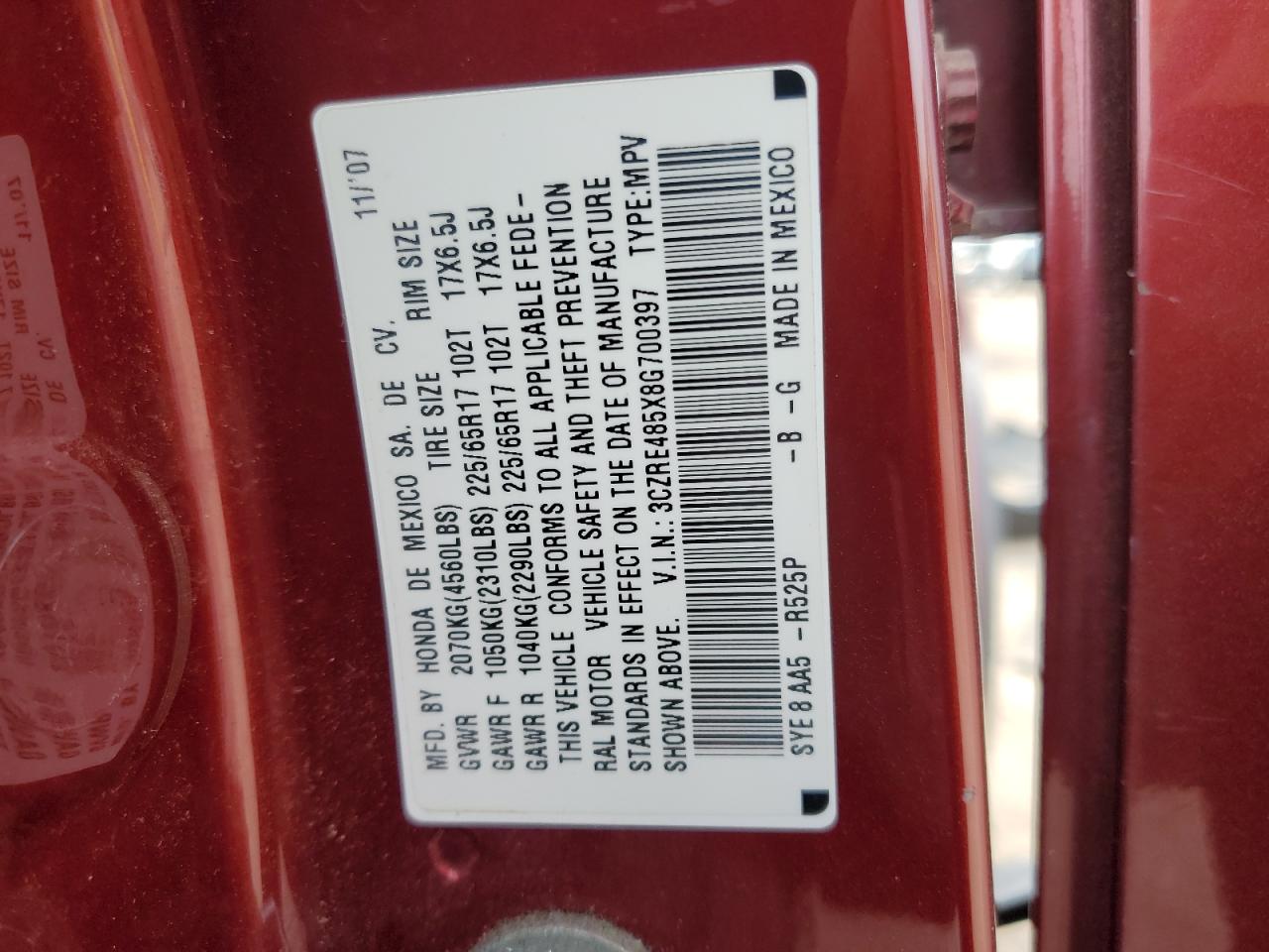 2008 Honda Cr-V Ex VIN: 3CZRE485X8G700397 Lot: 91408165