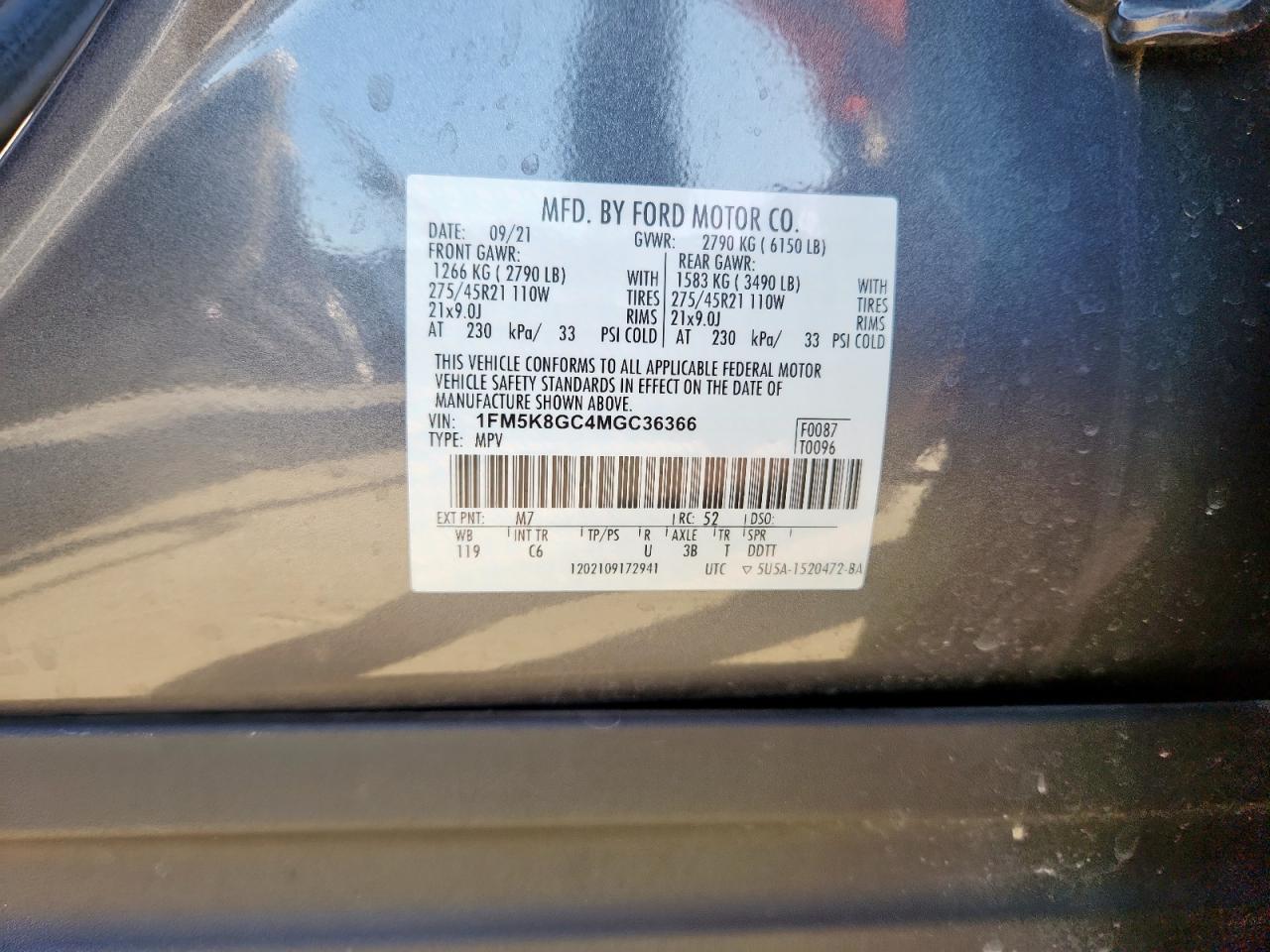 2021 Ford Explorer St VIN: 1FM5K8GC4MGC36366 Lot: 91472595