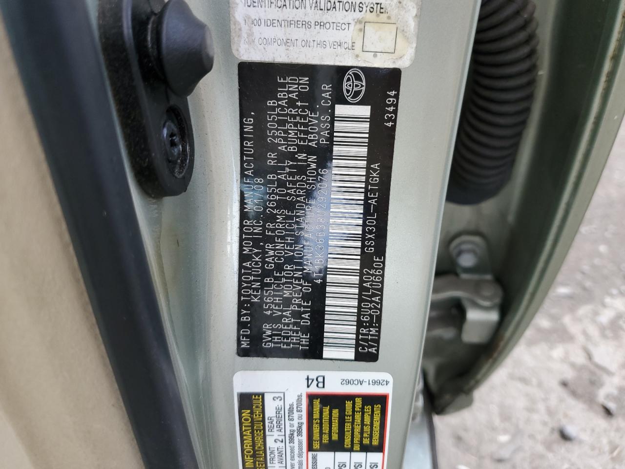 2008 Toyota Avalon Xl VIN: 4T1BK36B38U292076 Lot: 91360165