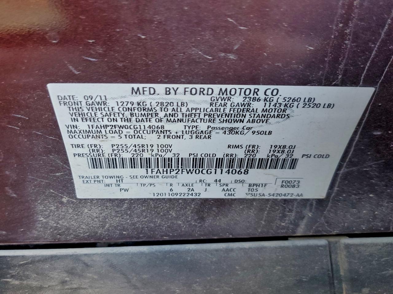 2012 Ford Taurus Limited VIN: 1FAHP2FW0CG114068 Lot: 94395385