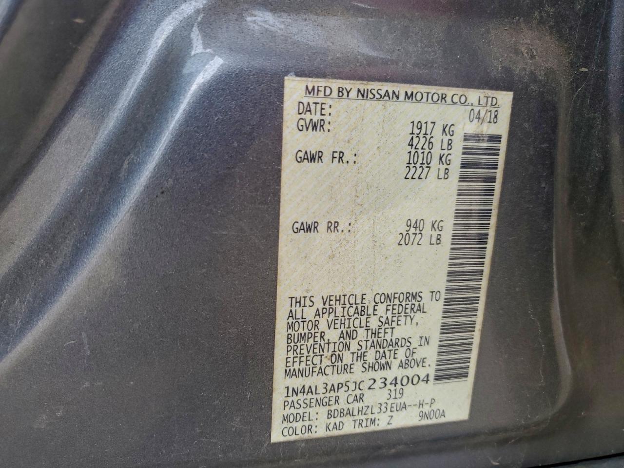 2018 Nissan Altima 2.5 VIN: 1N4AL3AP5JC234004 Lot: 94230555