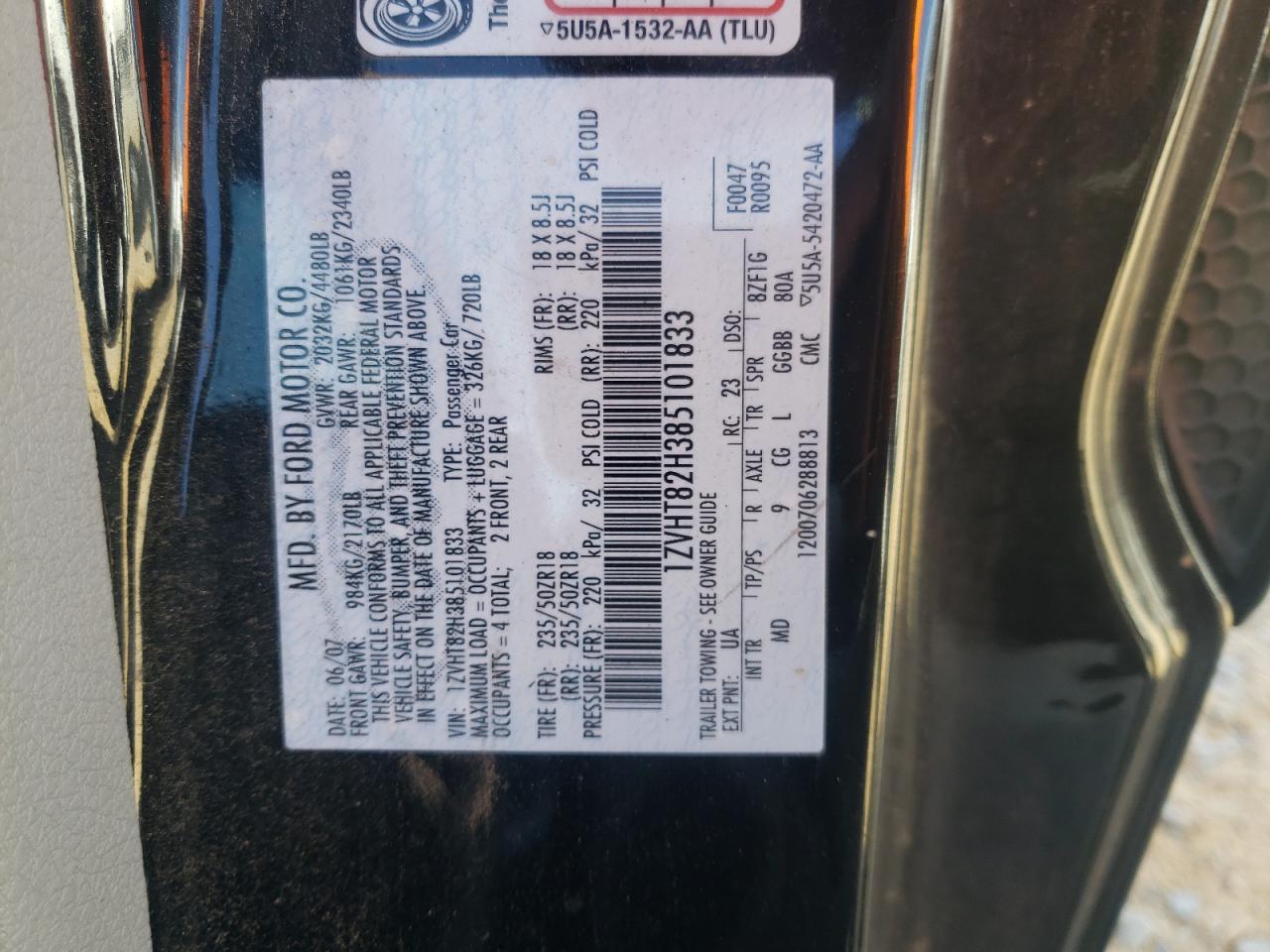 2008 Ford Mustang Gt VIN: 1ZVHT82H385101833 Lot: 91277555