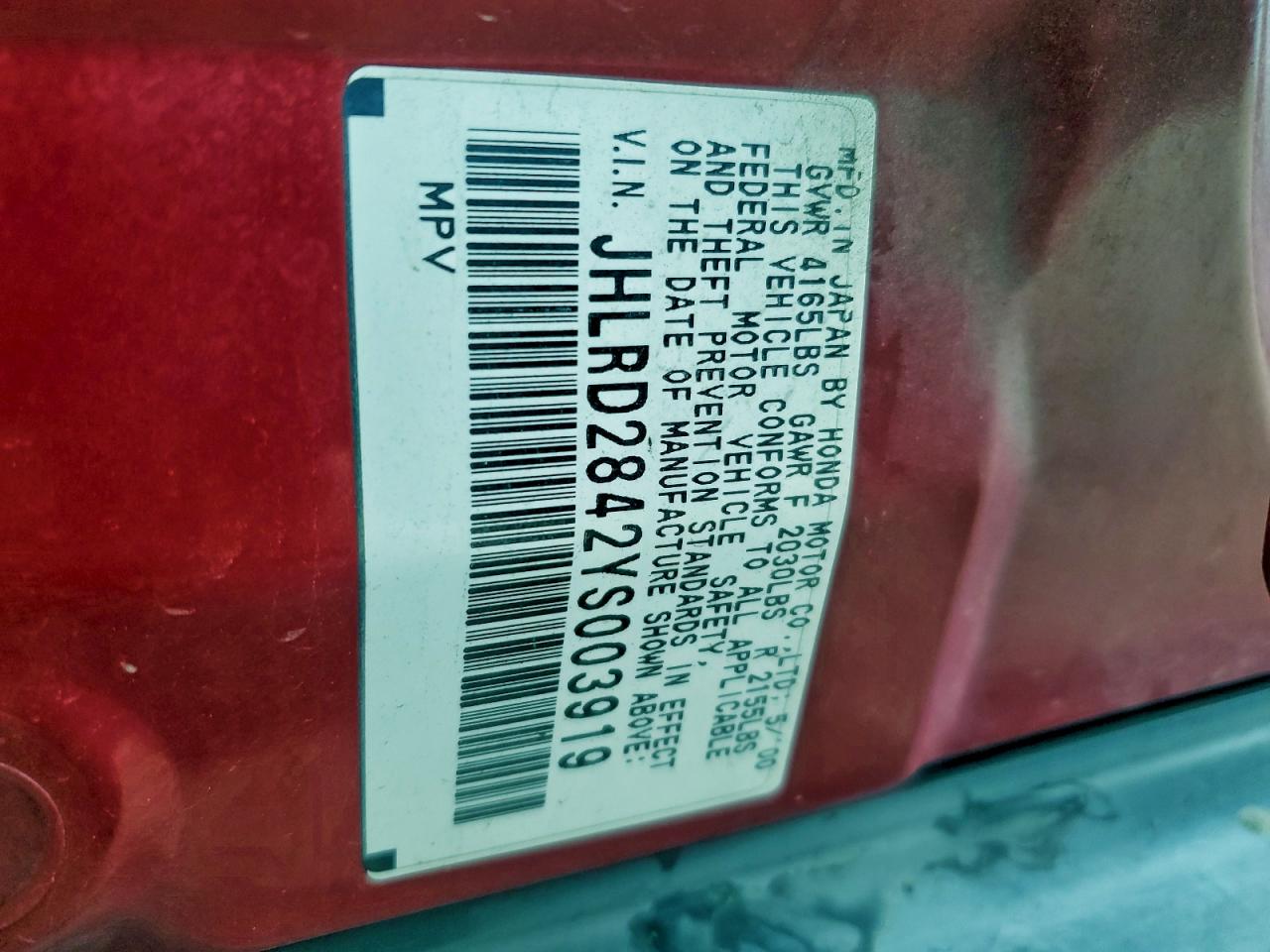 2000 Honda Cr-V Lx VIN: JHLRD2842YS003919 Lot: 93739565