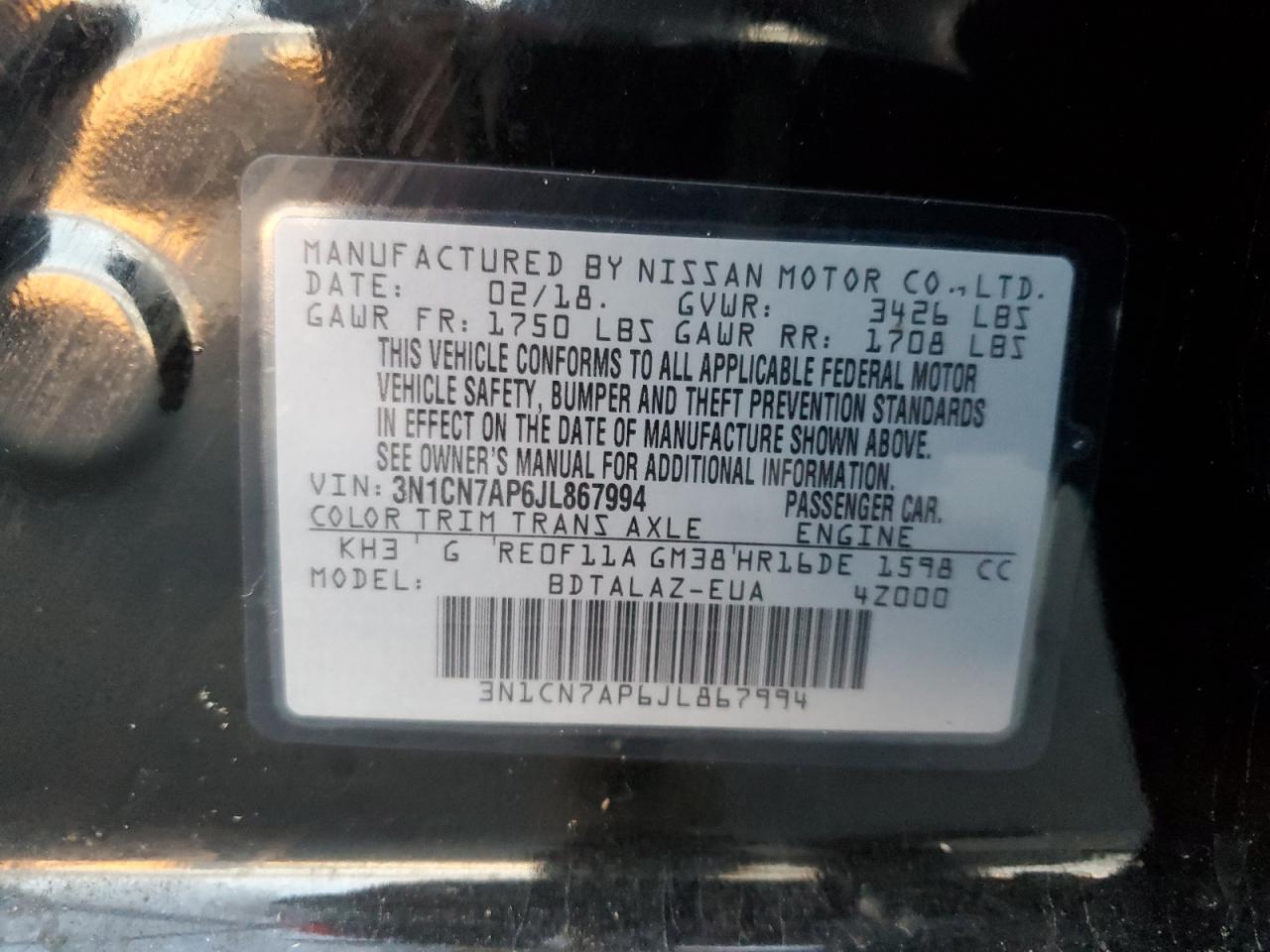 2018 Nissan Versa S VIN: 3N1CN7AP6JL867994 Lot: 93626745