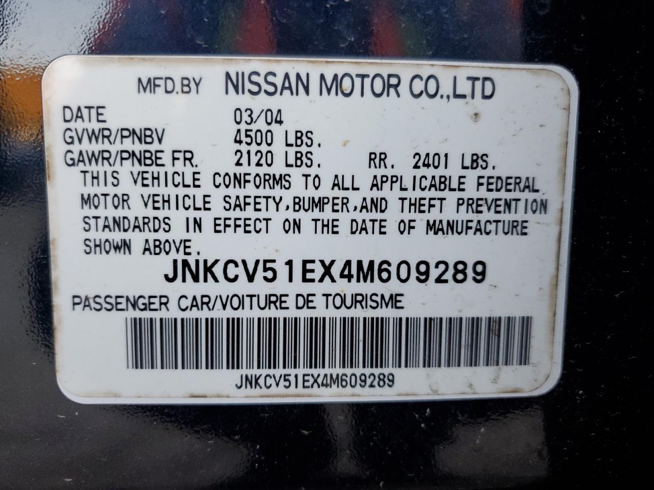 2004 Infiniti G35 VIN: JNKCV51EX4M609289 Lot: 91414475