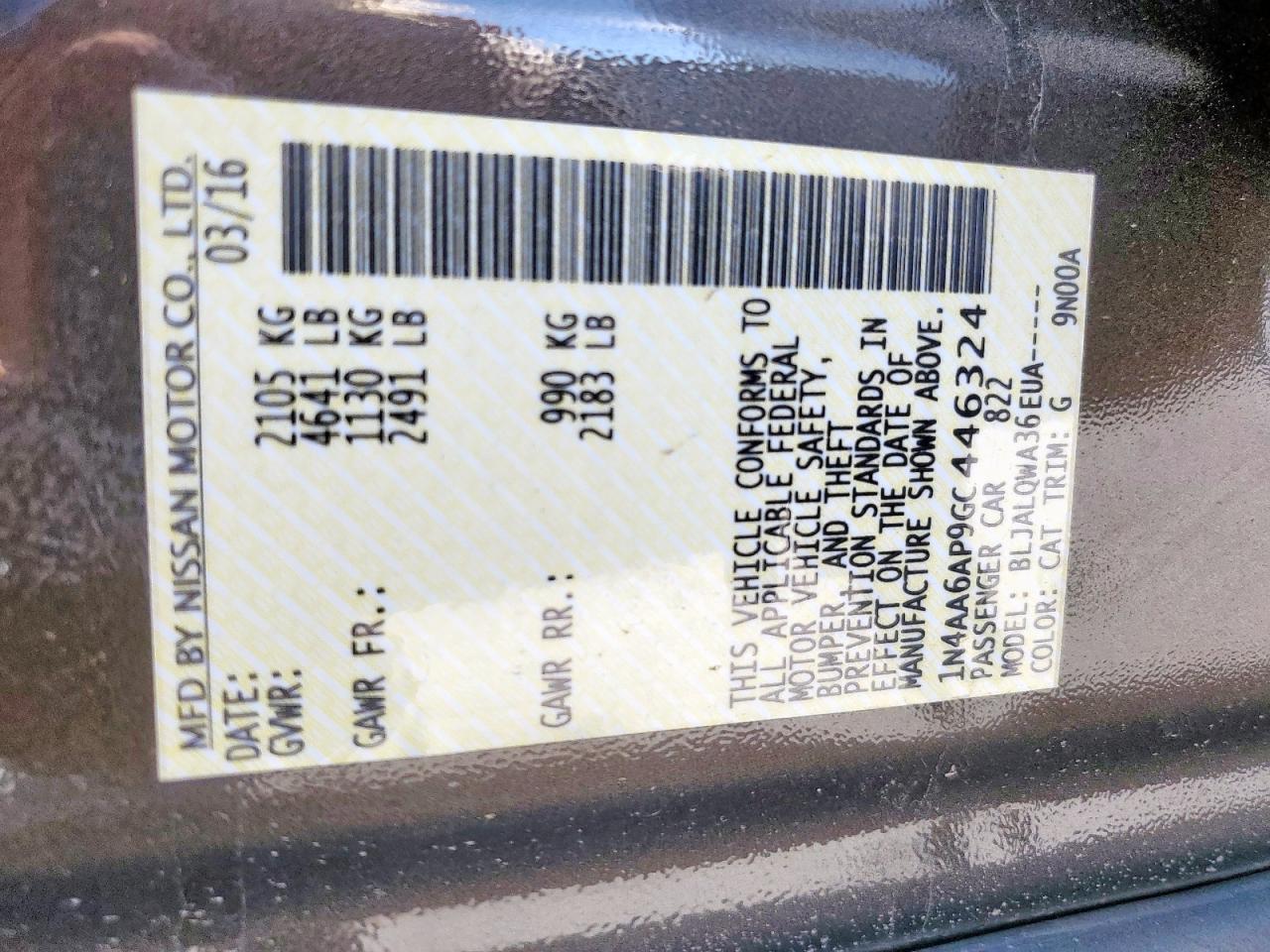 2016 Nissan Maxima 3.5S VIN: 1N4AA6AP9GC446324 Lot: 93112155