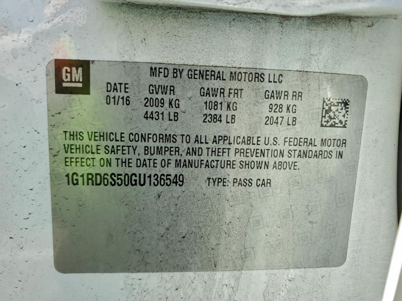 2016 Chevrolet Volt Ltz VIN: 1G1RD6S50GU136549 Lot: 92190915