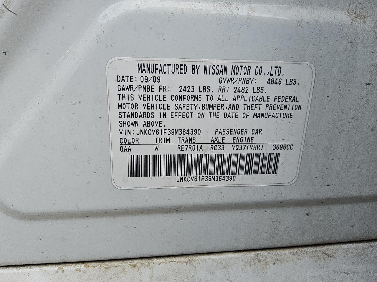 2009 Infiniti G37 VIN: JNKCV61F39M364390 Lot: 92454795