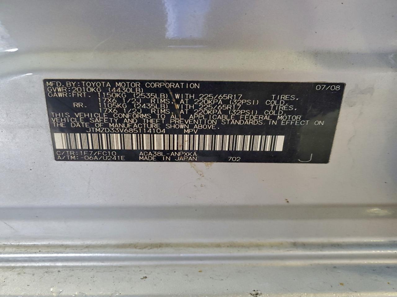 2008 Toyota Rav4 VIN: JTMZD33V685114104 Lot: 93747645