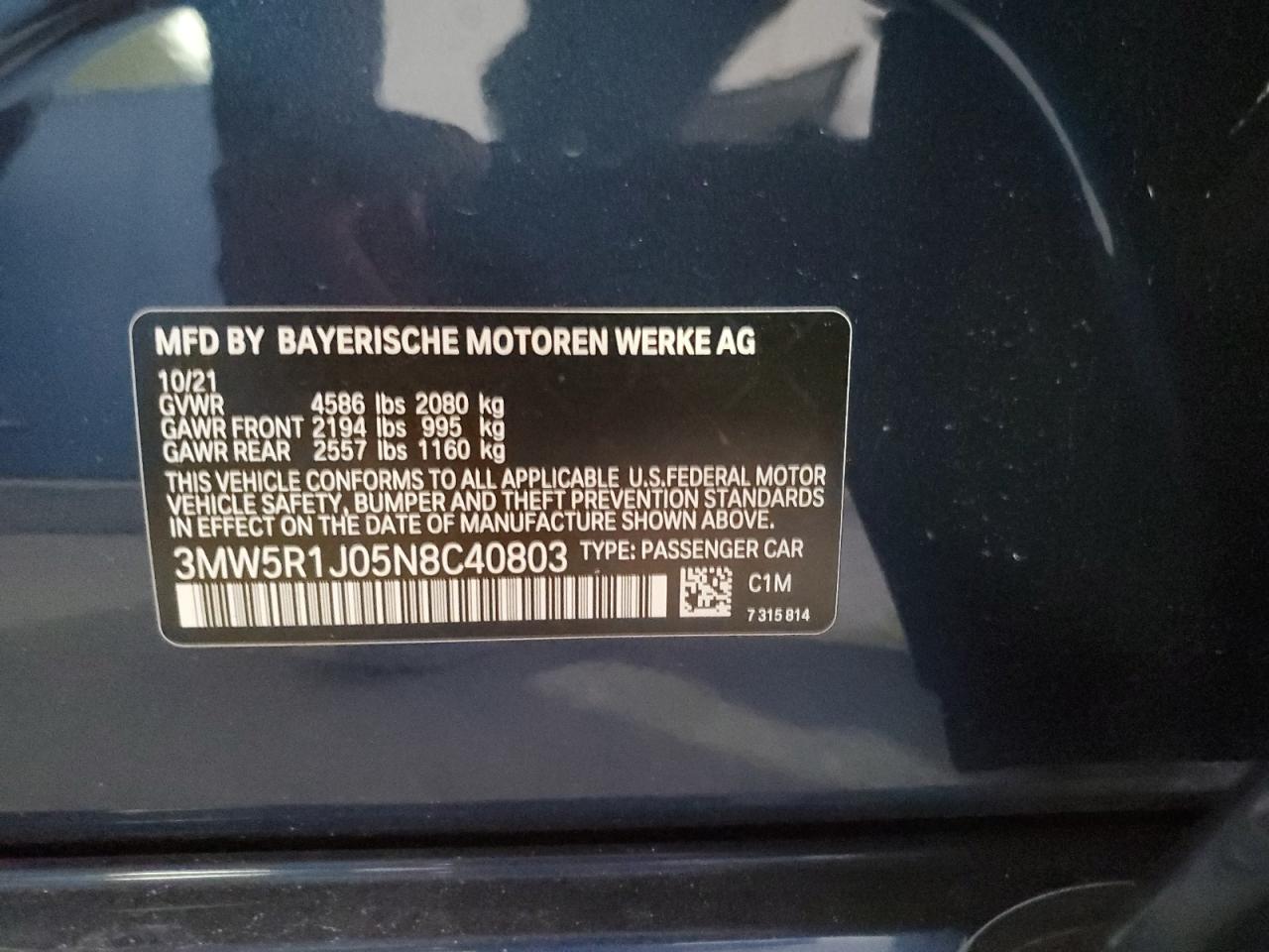 2022 BMW 330I VIN: 3MW5R1J05N8C40803 Lot: 93134575
